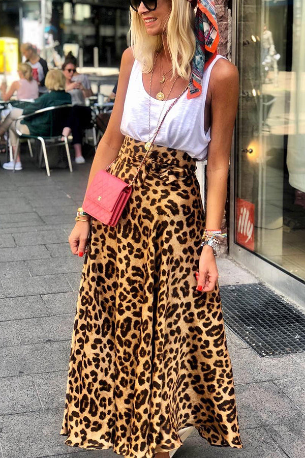 Today¡¯s Journey Satin Leopard Tie Front Elastic Waist Midi Skirt