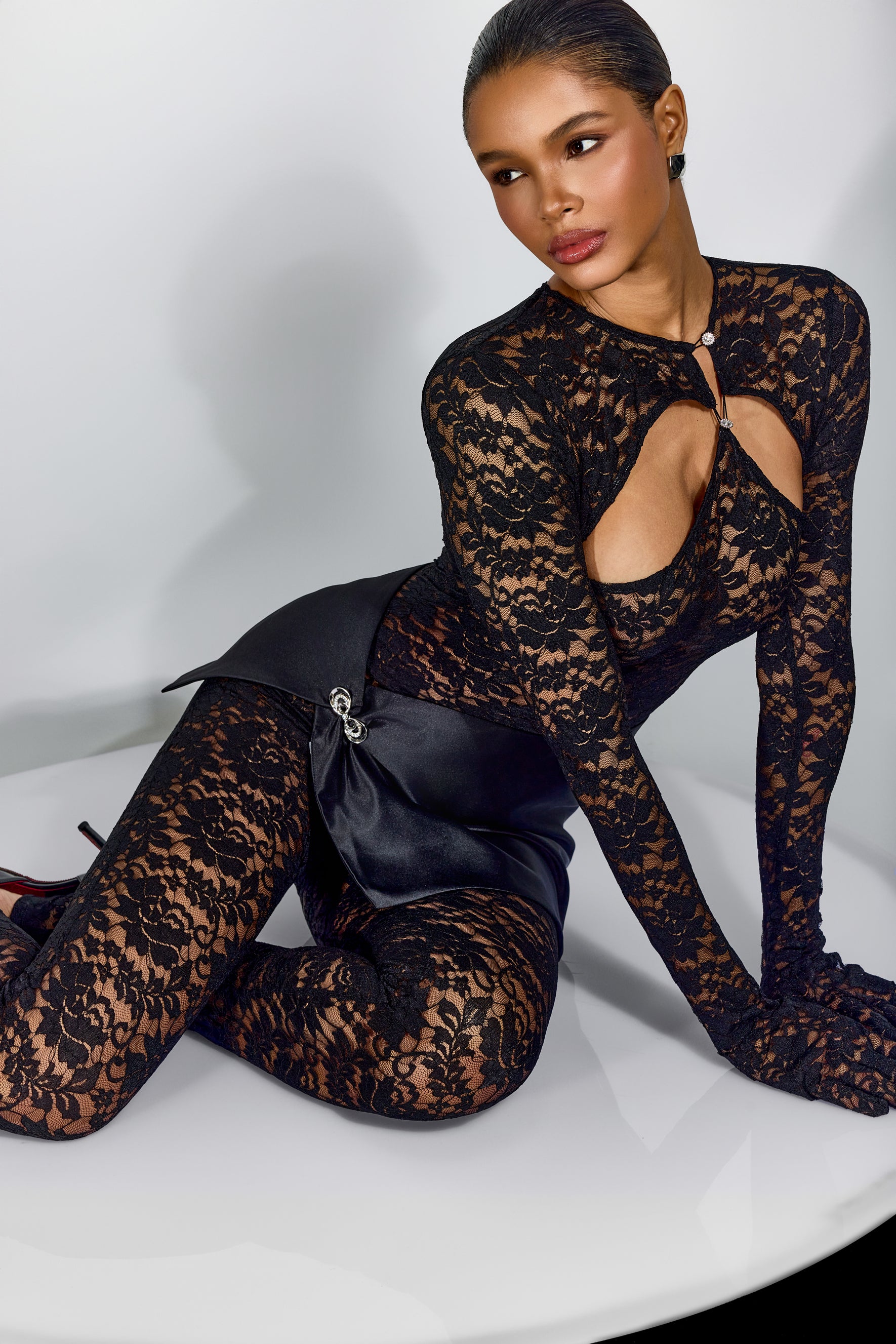 Mora Sheer Lace Cutout Jumpsuit With Skirt