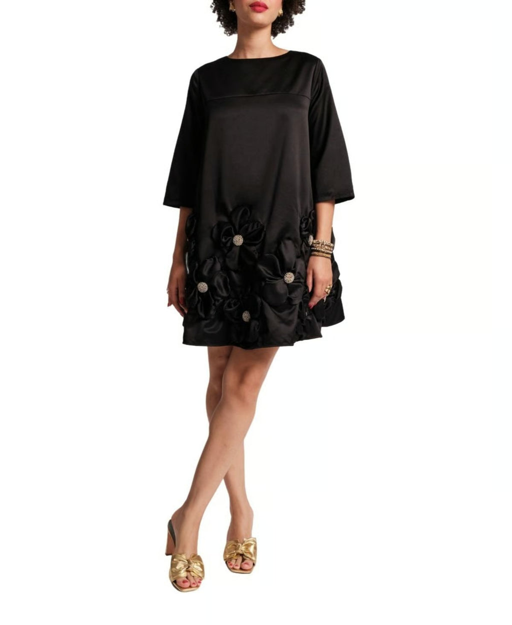 Noir Petal Appliqué Mini Dress