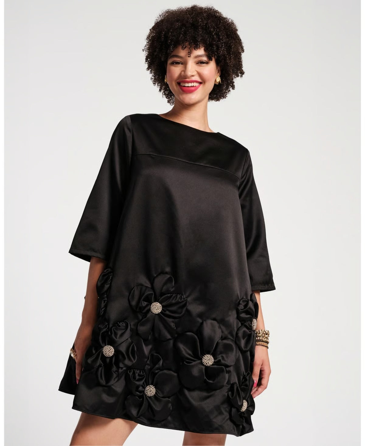Noir Petal Appliqué Mini Dress